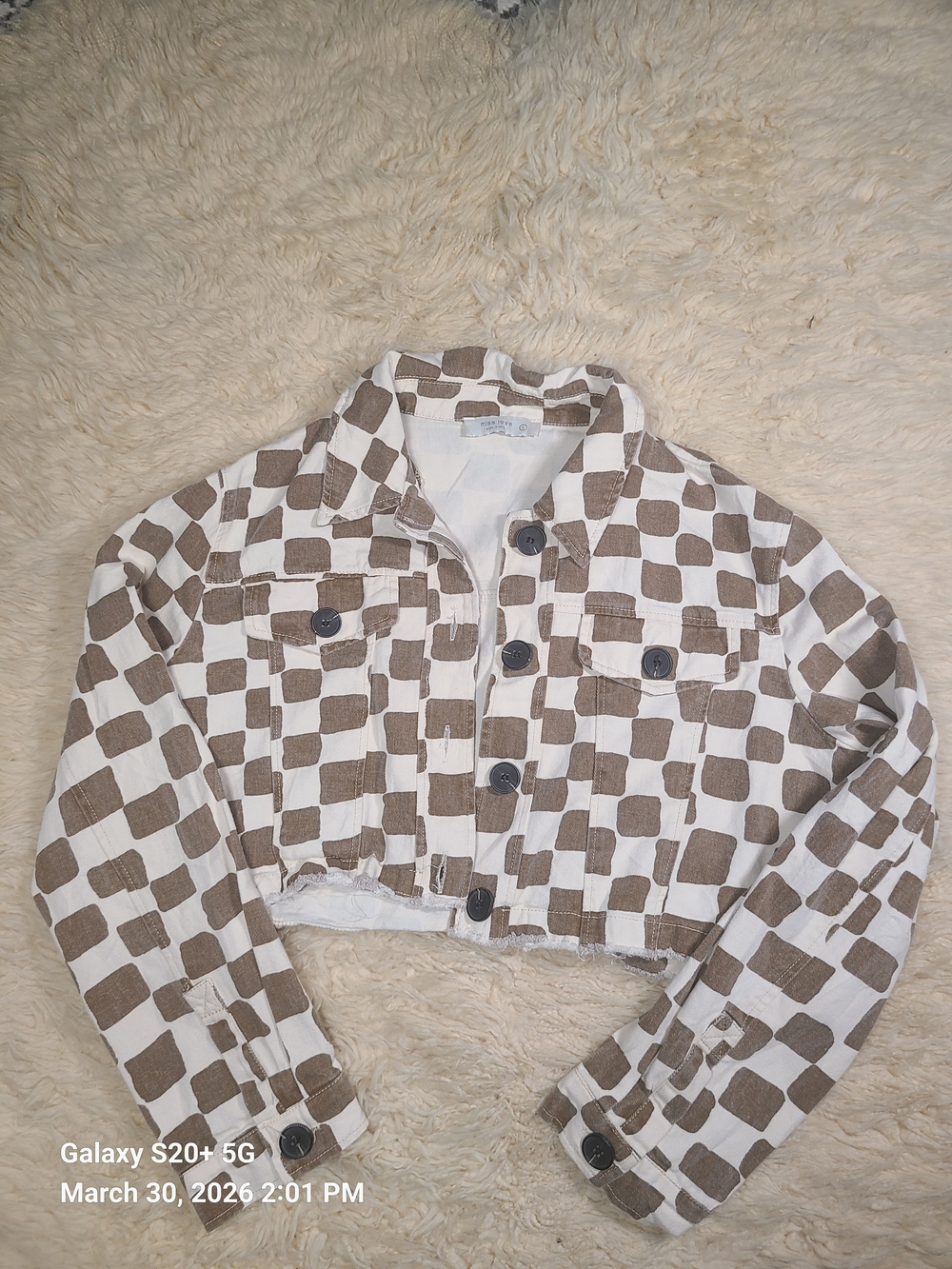 Checked Crop Jean Jacket in Brown and Cream - Picture 2 of 7